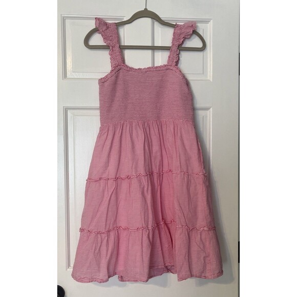 J. Crew Smocked Mini Dress Medium Tiered Pink Striped Ruffle Cottage Prairie - Picture 7 of 9